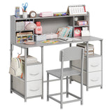 Garvee Kids Study Desk and Chair Set, 47.2" Kids Desk with Hutch & 4 Fabric Storage Drawers, Detachable Hooks Metal Frame Children Writing Table Workstation for 5-12 Boys Girls Bedroom, Home, School - Gray