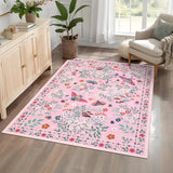 Garvee 9' x 12' Pink Butterfly Garden Floral Area Rug, Washable Non-Slip Low-Pile Carpet for Living Room, Bedroom and Dining Room - Pink