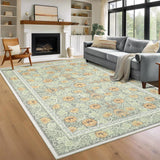 Garvee 9' × 12' Vintage Floral Border Area Rug, Machine Washable Non-Slip Low-Pile Stain-Resistant Rug for Living Room, Bedroom & Nursery, Green - Green