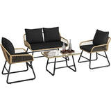 Garvee 4-Piece Outdoor Wicker Sofa Set, PE Rattan Patio Conversation Set with Loveseat, 2 Chairs, Cushions & Glass Table,Bent-leg, Black - Bent-leg Black