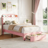 Garvee Twin Bed Frames, Velvet Upholstered Platform Bed with Biscuit Tufted Storage Headboard, Drawer, Sturdy Wood Slats, No Box Spring Needed, Easy Assembly - Headboard Cubbies & 1 Drawer (Pink)