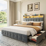 Garvee Modern Full Size Upholstered Bed Frame with RGB LED Light, Double-Layer Soft Headboard, 2 Storage Drawers, Charging Socket & USB Port, Light Grey Flannel & Natural Wood, FULL light gray - natural wood board (flannel) - Gray|Velvet