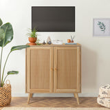Garvee Modern Rattan Buffet Cabinet – Adjustable Shelves, Double Doors, Solid Wood Legs, Spacious Storage – Sideboard Credenza for Dining Room, Kitchen, Entryway, or Living Room – Wood Color