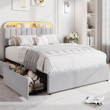 Garvee Velvet Upholstered Queen Bed Frame with Storage Drawers, Bookcase Headboard, LED Lights, Noise-Free, Easy Assembly, Ideal for Kids or Teens, No Box Spring Needed - Gray, Queen Size - Velvet Gray-Led