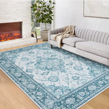 Garvee 9' x 12' Green Traditional Oriental Floral Area Rug, Washable Non-Slip Low-Pile Carpet for Living Room, Bedroom and Dining Room - Green