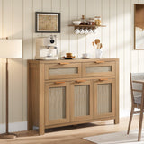 Garvee Rattan Buffet Cabinet, Boho Sideboard with 2 Drawers, Adjustable Shelf, High-Leg Storage Cabinet with Anti-Tip Hardware,for Kitchen,Dining Room,Entryway,Living Room, Light / Dark Oak