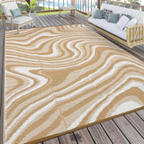 Garvee 9' x 12' Light Brown Outdoor Rug, Waterproof Reversible Plastic Straw Patio Mat, Abstract Wave Design for RV, Deck, Picnic & Backyard - Light Brown