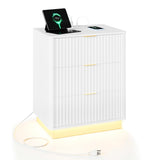 Garvee Fluted Nightstand with Charging Station and LED Light, Engineered Wood, 3 Drawers, Rounded Edges, Modern Mid Century, Bedroom