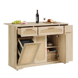Garvee Compact Rolling Rattan Kitchen Island Cart with Drop Leaf – Tilt-Out Trash Cabinet, Storage Drawers, Spice Rack, 2-Door Storage, Mobile Table for Small Spaces – Wood Color - Natural