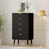 Garvee Set of 2 Modern Black Fluted Entryway Storage Cabinets – 5 Drawer Wood Dressers – Gold Metal Handles – Compact Accent Nightstands for Bedroom, Living Room, Hallway – Anti-Tip, Vertical Stripe Design – Black