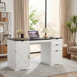 Garvee Farmhouse Office Desk 59 Inch – 4 Storage Drawers, Charging Station, Keyboard Tray, Adjustable Shelves, Real Wood Executive Computer Desk, White Black Tabletop - White + Black Tabletop
