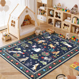 Garvee 8' x 10' Washable Area Rug for Living Room, Bedroom, or Dining Room – Non-Slip, Mark Resistant, Low Pile, Soft Collapsible Modern Farmhouse Carpet with Floral Cat Design, Blue - Blue