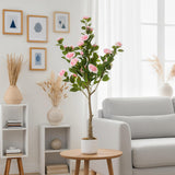 Garvee 3.9FT Artificial Camellia Tree, Faux Camellia Plant with White Planter and 24 Pink Flowers, 47" Fake Potted Flower Trees for Home and Office Decor, Pink