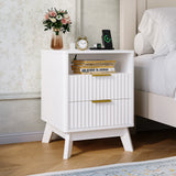 Garvee Wave Fluted Bedside Table with Charging Station, Modern Wood Night Stands for Bedroom, 2 Drawers and Open Storage Cubby, 2 USB Ports & 2 AC Outlets, 6'' Legs for Easy Cleaning, Small End Table - White