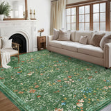 Garvee 5' × 7' Distressed Floral Area Rug, Soft Washable Low-Pile Polyester Carpet for Living Room, Bedroom and Dining Room, Green - Green