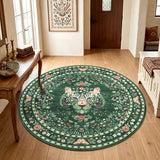 Garvee 4' Round Tiger Print Vintage Floral Round Rug, Machine Washable Non-Slip Low-Pile Soft Rug for Living Room, Bedroom & Nursery, Green - Green