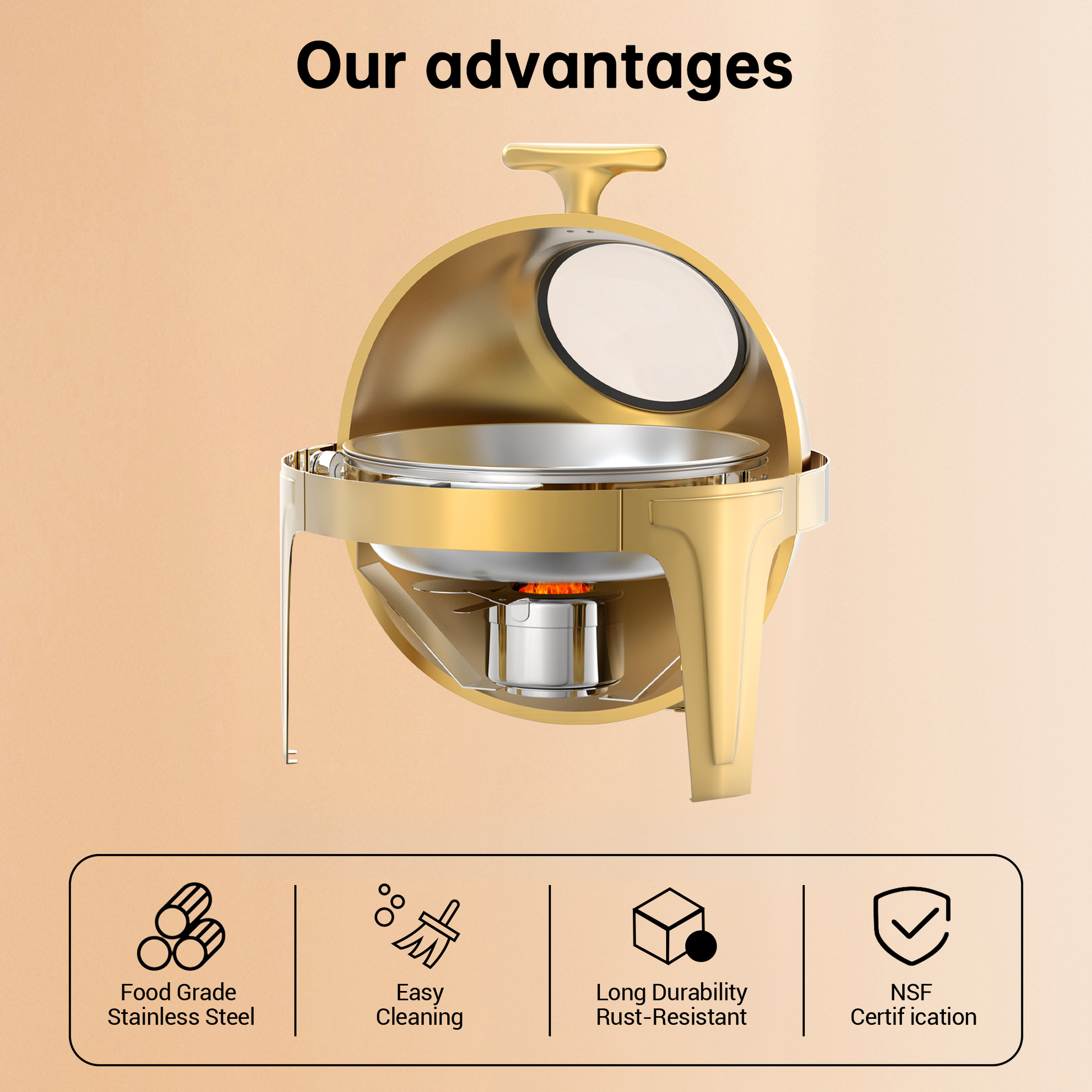 Garvee 6.3 Qt Round Roll Top Chafing Dish Buffet Set, Stainless Steel Food Warmer with Glass Window, Heat & Chill Chafer for Catering, Parties, Weddings & Banquets, Gold