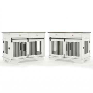 Garvee 2 Pack Spacious Double Dog Crate Furniture, 47" Large Dog Kennel, Removable Divider, 2 Storage Drawers, Chew-Resistant, Triple Door End Table for Large Dogs, White+Brown Table Top