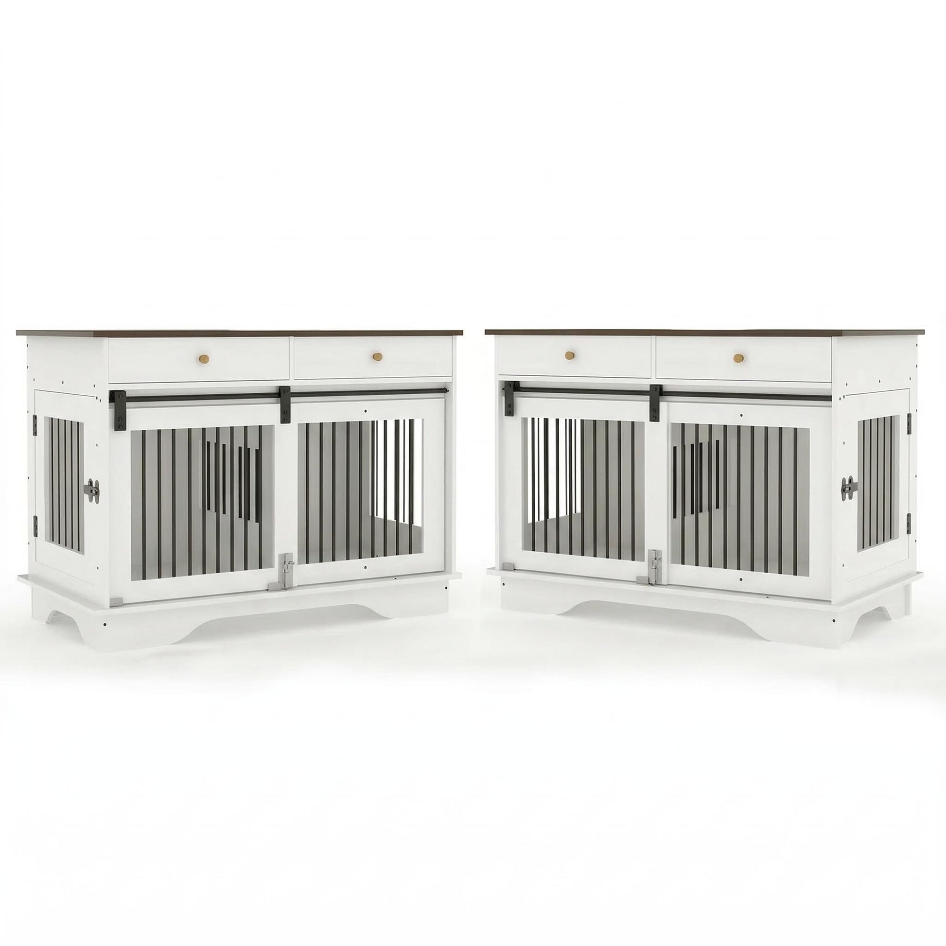Garvee 2 Pack Spacious Double Dog Crate Furniture, 47" Large Dog Kennel, Removable Divider, 2 Storage Drawers, Chew-Resistant, Triple Door End Table for Large Dogs, White+Brown Table Top