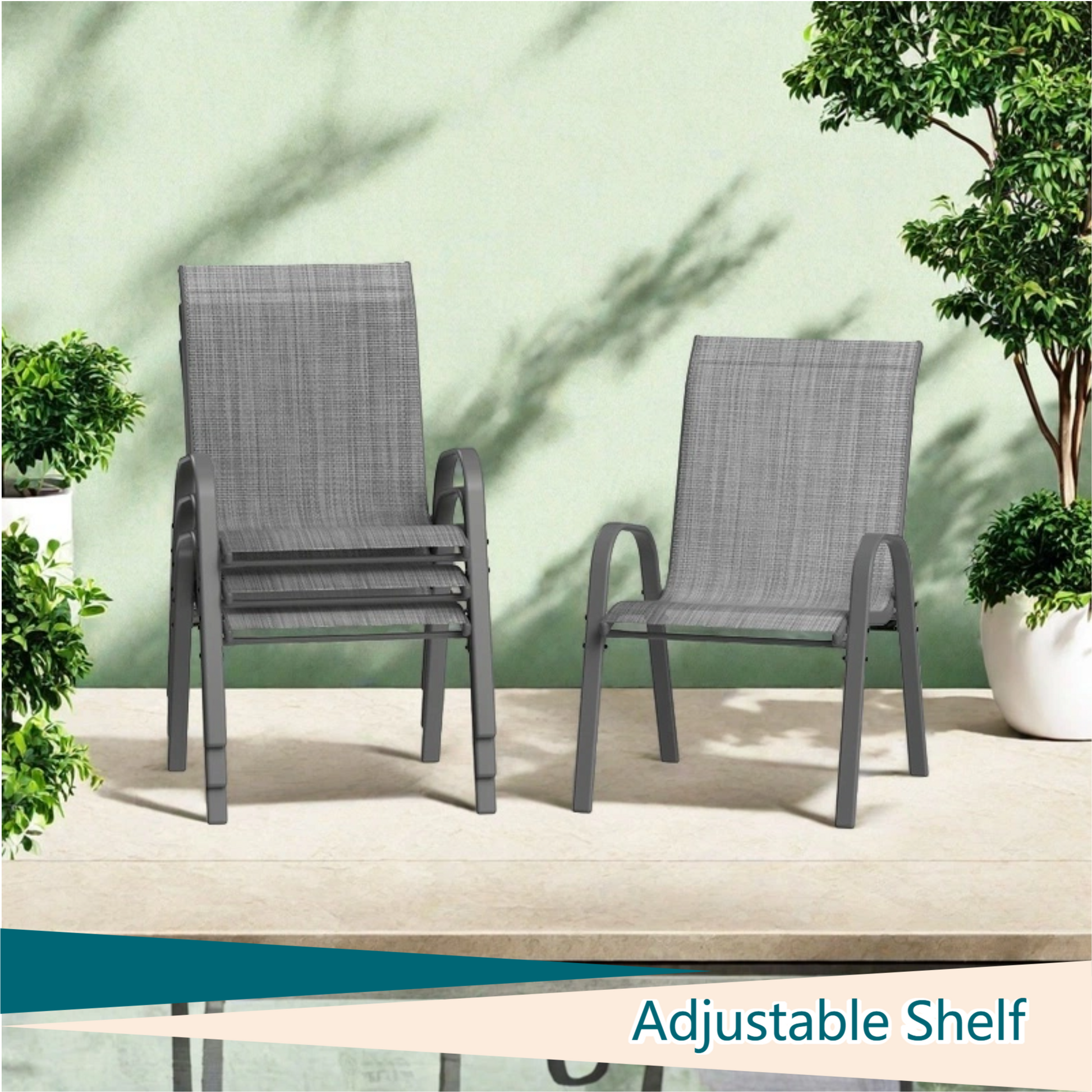 Garvee Stackable Patio Dining Chairs Set of 4, High-Back Textilene Outdoor Chairs with All Black Powder-Coated Steel Frame, All-Weather Deck Garden Seating, Gray