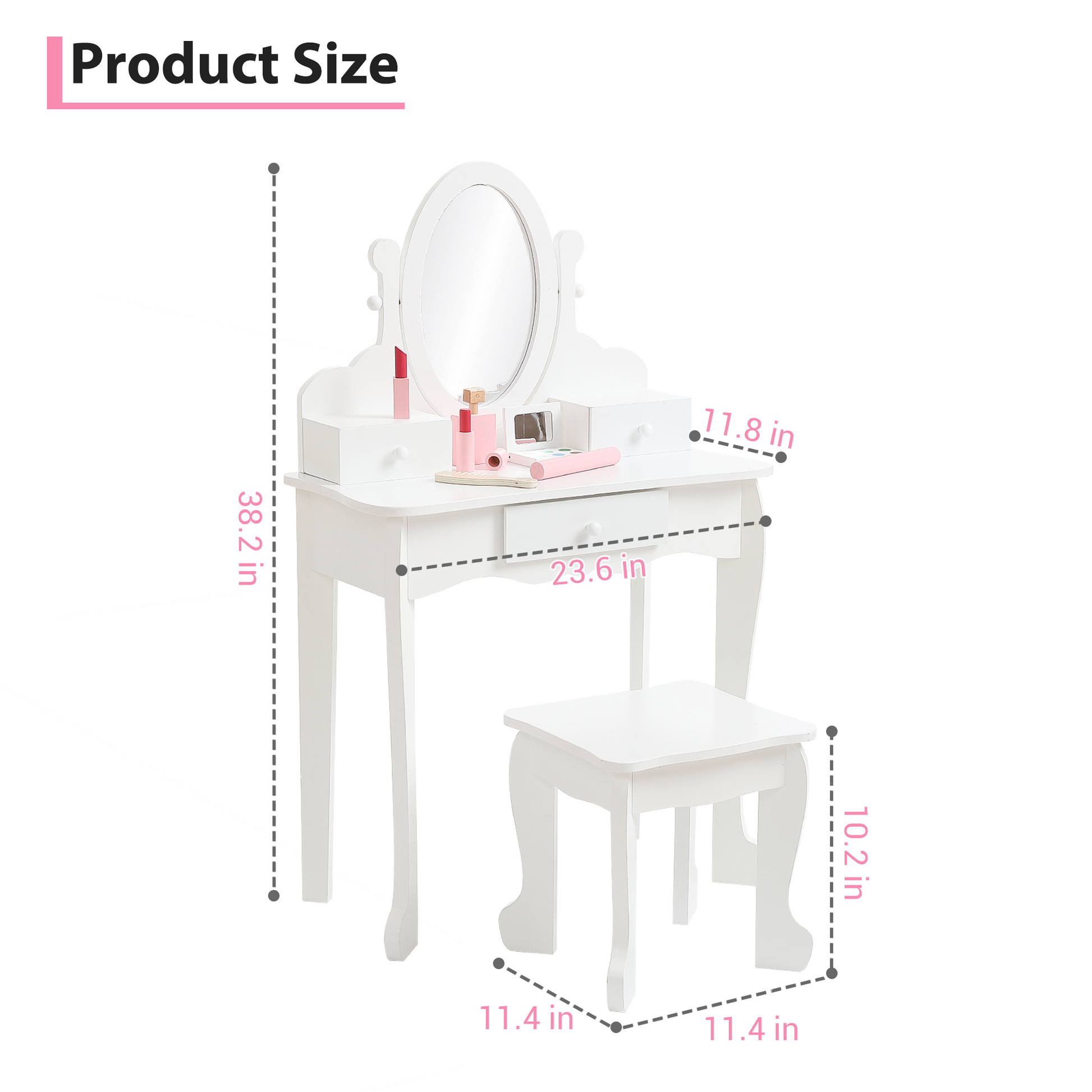 Garvee Kids Vanity Set with Adjustable Angle Mirror, Drawers and Stool Suitable for Age 3-10, White