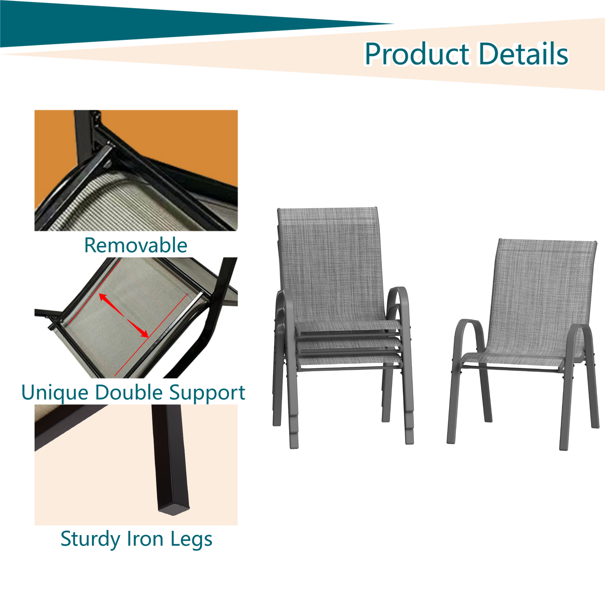 Garvee Stackable Patio Dining Chairs Set of 4, High-Back Textilene Outdoor Chairs with All Black Powder-Coated Steel Frame, All-Weather Deck Garden Seating, Gray