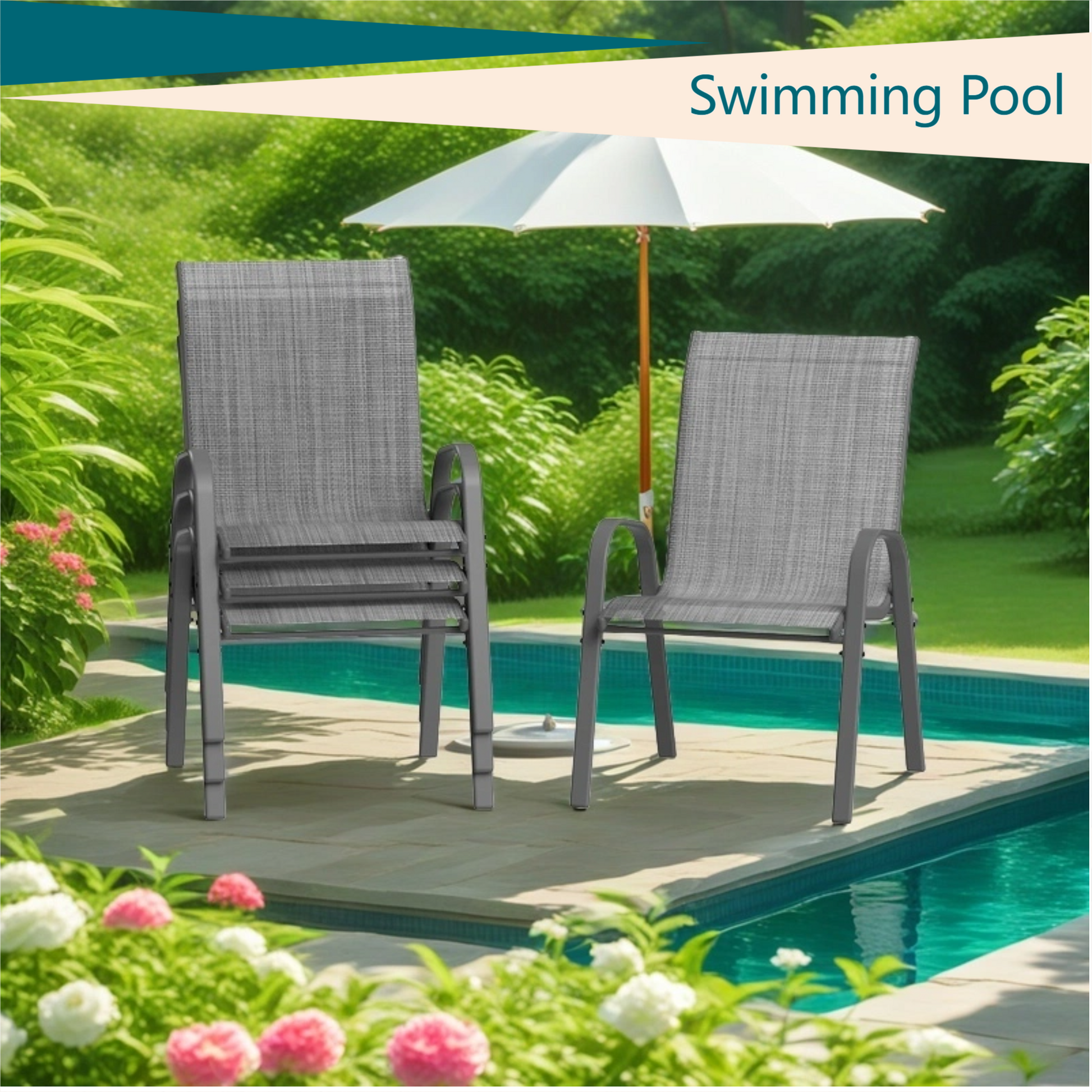 Garvee Stackable Patio Dining Chairs Set of 4, High-Back Textilene Outdoor Chairs with All Black Powder-Coated Steel Frame, All-Weather Deck Garden Seating, Gray