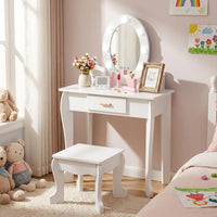 Garvee Kids Vanity Table Set with Lights Mirror, Storage Drawer and Stool Suitable for Girls Age 3-10, White