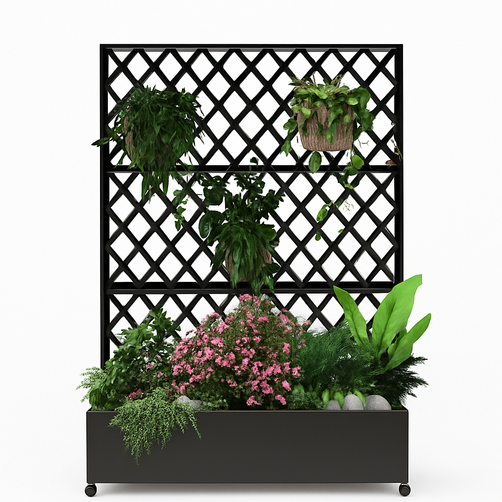 Garvee Mobile Black Galvanized Steel Raised Garden Bed with Trellis & Privacy Screen – Planter Box with Lockable Casters & Drainage Holes for Vegetables & Vines, Patio Deck or Yard – 71"X35"X16"
