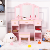 Garvee Girls' Vanity Table and Stool Set with Mirror, Drawer and Wood Makeup Playset Toy for Age 3-10, Pink - Pink