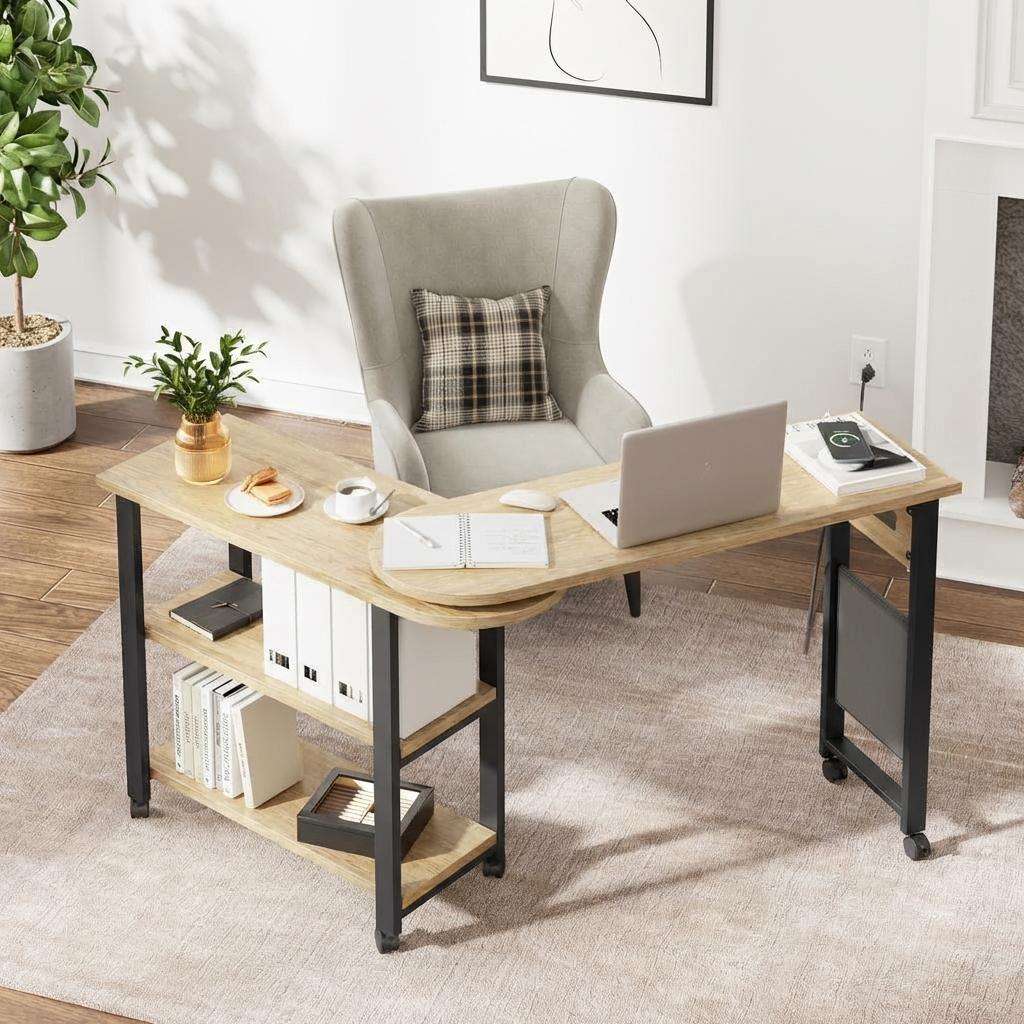 Garvee 360° Rotatable End Table with Charging Station, Extra Storage, Lockable Wheels, MDF & Metal, for Bedroom, Living Room, Wood Color