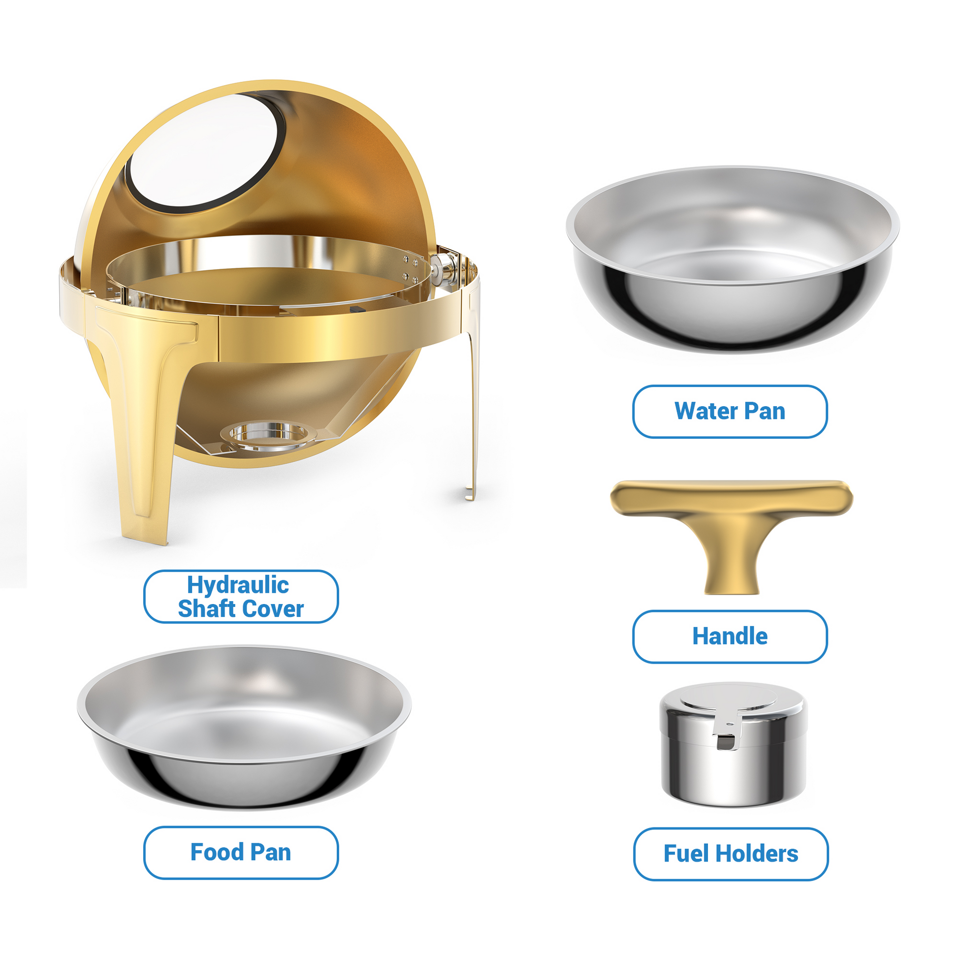 Garvee 6.3 Qt Round Roll Top Chafing Dish Buffet Set, Stainless Steel Food Warmer with Glass Window, Heat & Chill Chafer for Catering, Parties, Weddings & Banquets, Gold
