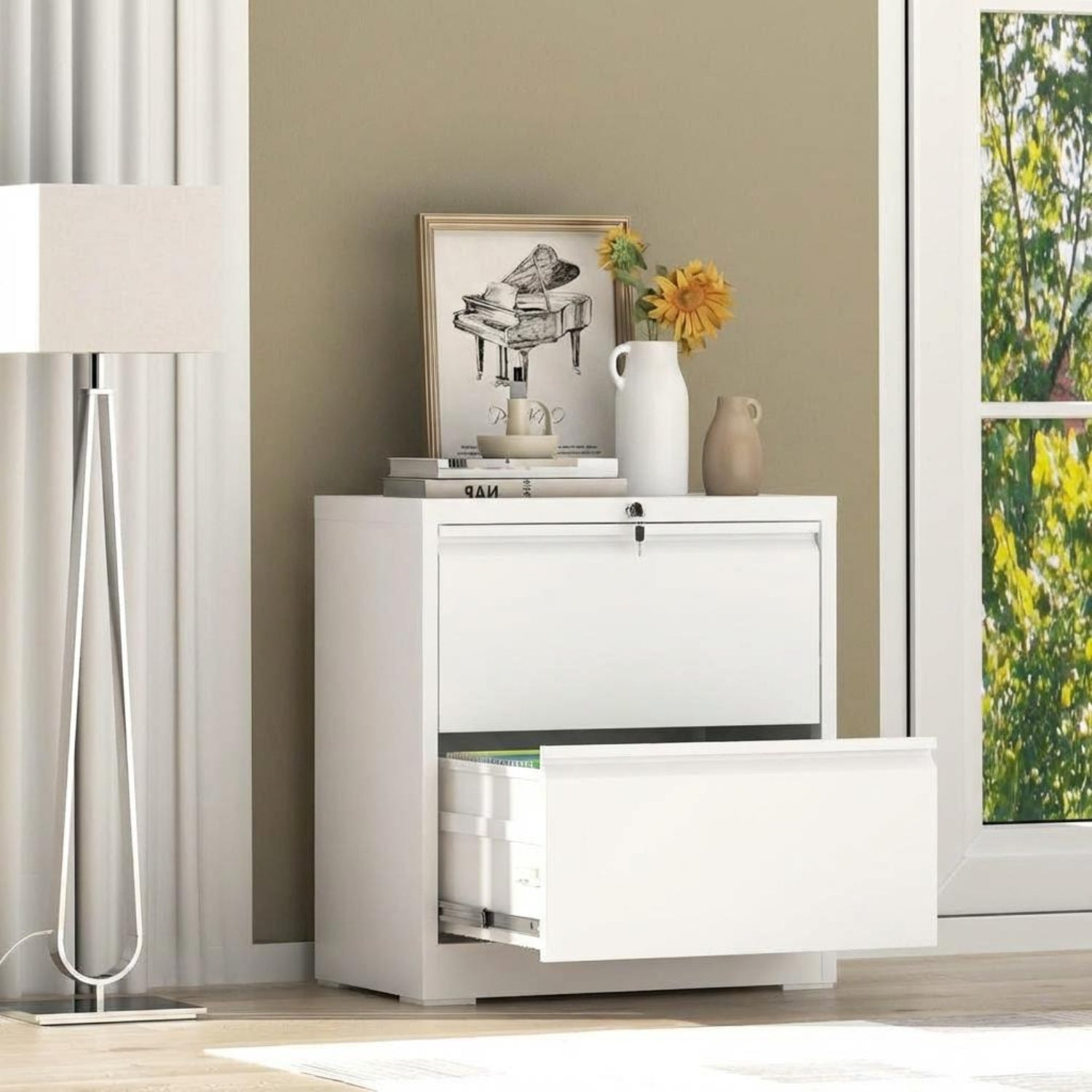 Garvee 2 Drawer File Cabinet with Lock, Metal Lateral File Cabinets for Home Office, Steel Wide Filing Organization Storage Cabinets for Hanging Files Letter/Legal/F4/A4 Size, White