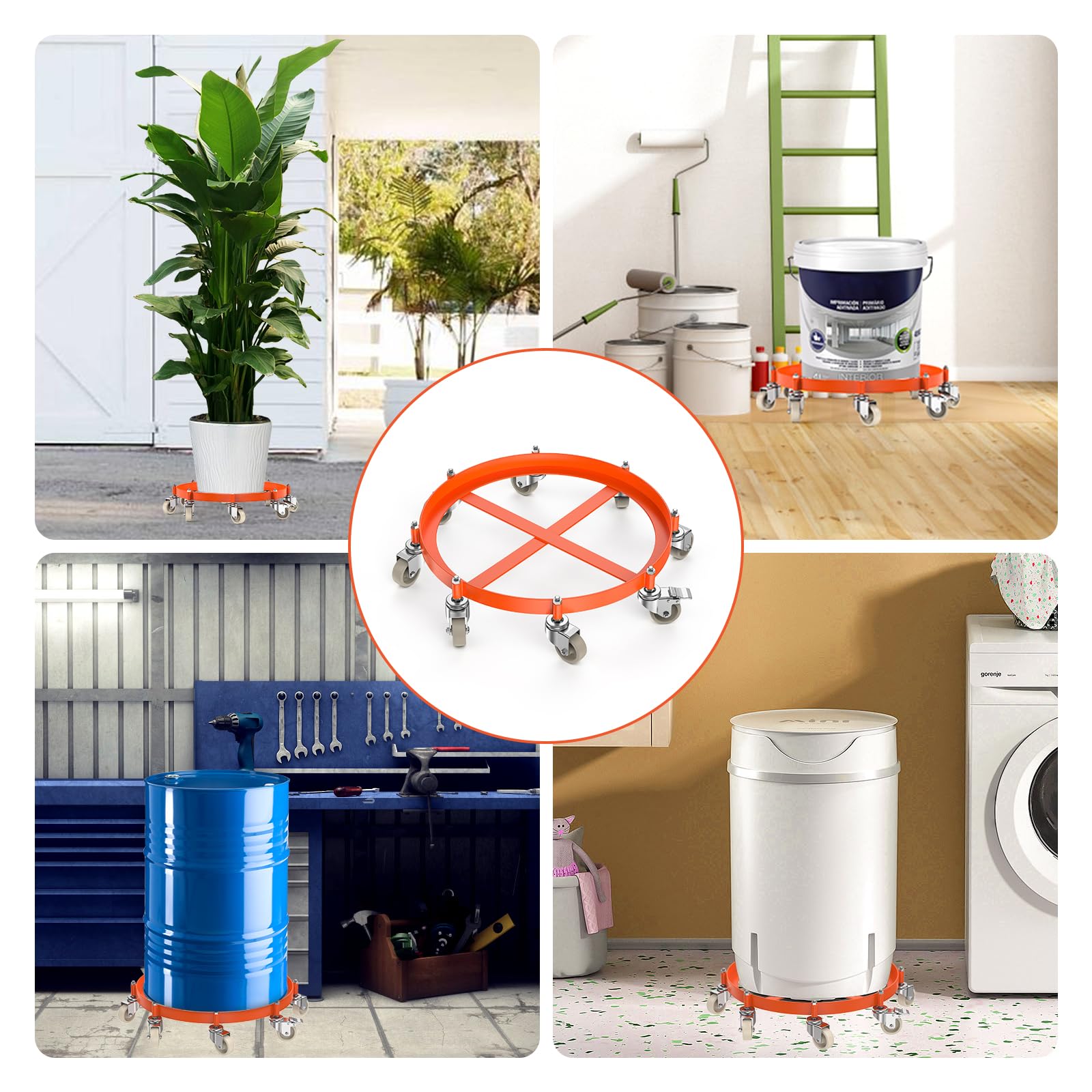 Garvee 55 Gallon Drum Dolly, 2000 LBS Capacity Heavy Duty Drum Dolly with 8 Caster Wheels, Trash Can Dolly Non-Tipping Hand, Orange Steel Frame Barrel Dolly